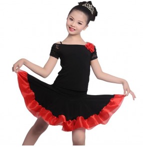 Fuchsia black red patchwork lace girls kids child children short sleeves competition professional performance latin dance dresses 